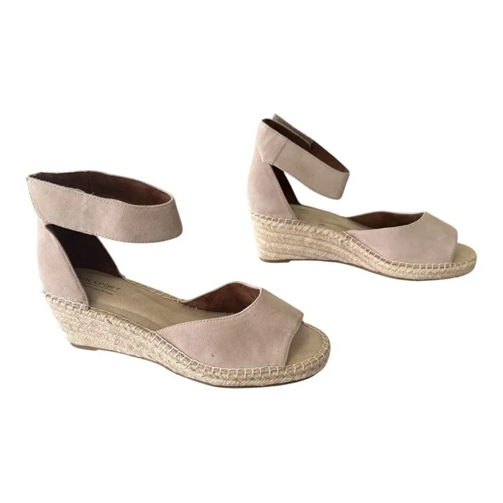 Rockport Cobb Hill Marah Taupe Suede Espadrille Wedge Sandals Size 9
